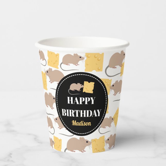 Cute Mouse Rodent Eating Cheese Birthday Paper Cups (Front)