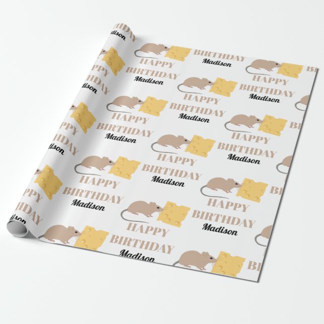 Cute Mouse Rodent Eating Cheese Birthday  Wrapping Paper (Unrolled)