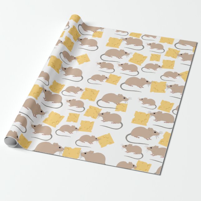 Cute Mouse Rodent Eating Cheese Pattern  Wrapping Paper (Unrolled)