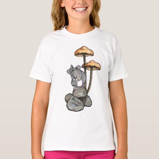 Cute Mouse Standing on Rocks, with Mushrooms T-Shirt (Front)