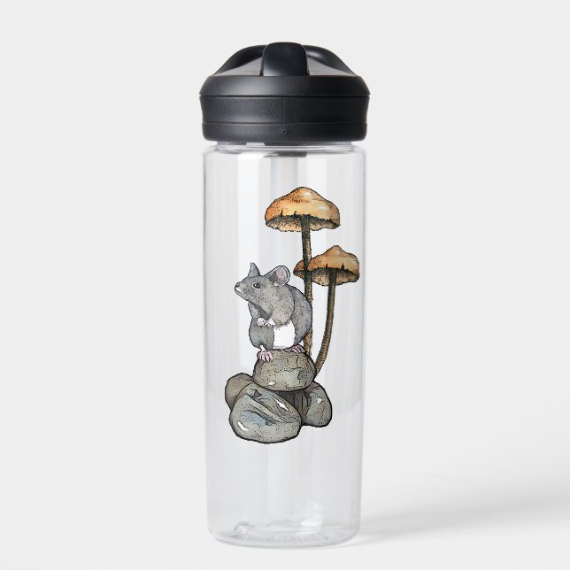 Cute Mouse Standing on Rocks, with Mushrooms Water Bottle (Front)