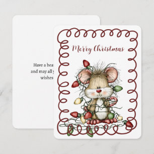 Cute Mouse Tangled in Christmas Lights Holiday Card