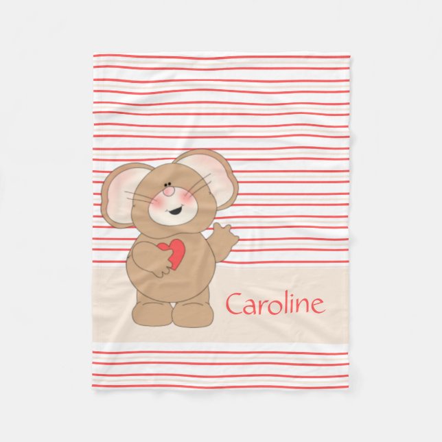 Cute Mouse w Heart on pinstripes, add name Fleece Blanket (Front)