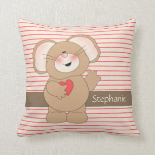 Cute Mouse w Heart on pinstripes, add name Throw Pillow