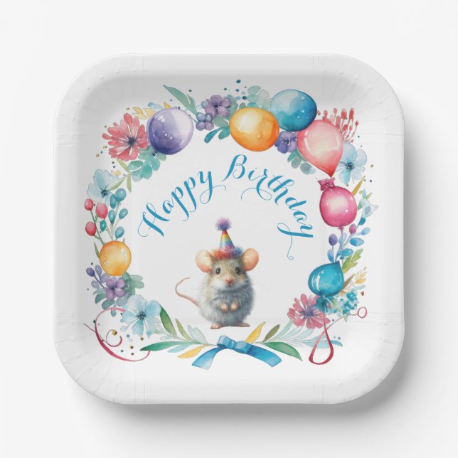 Cute Mouse Wearing a Party Hat Paper Plate (Front)