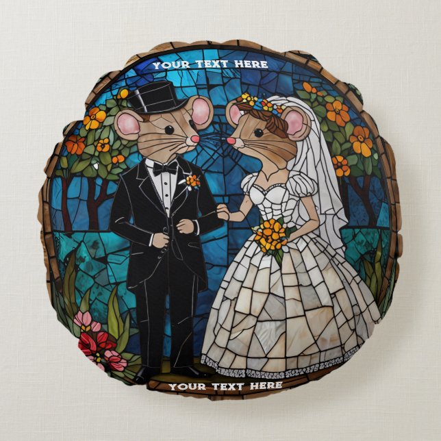 Cute Mouse Wedding Couple Mosaic Stained Glass Round Pillow (Front)