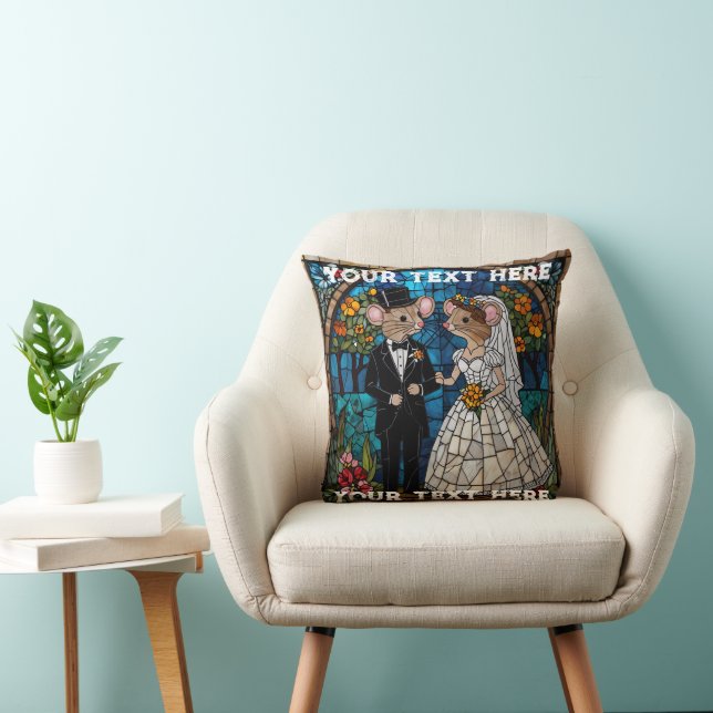 Cute Mouse Wedding Couple Mosaic Stained Glass Throw Pillow (Chair)