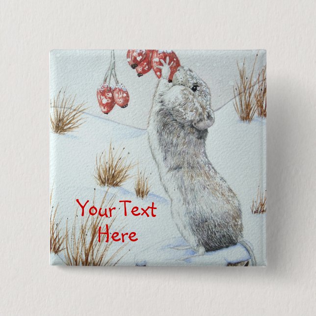 Cute mouse wildlife snow scene for christmas 2 inch square button (Front)