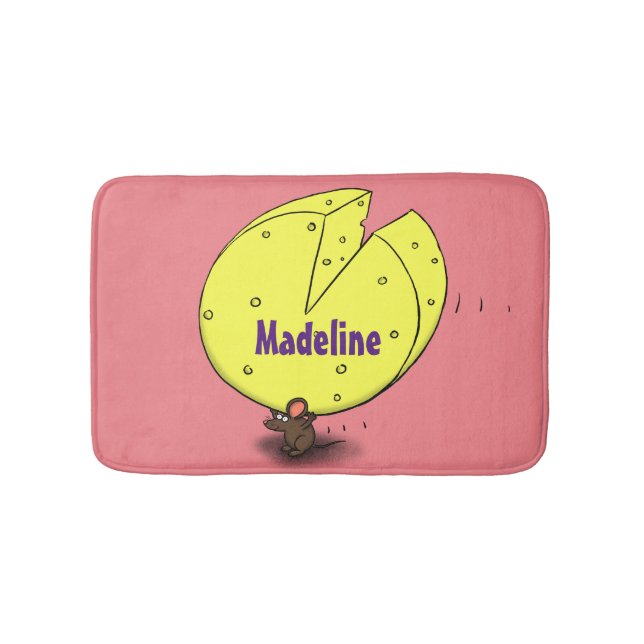 Cute mouse with cheese cartoon illustration bath mat (Front)
