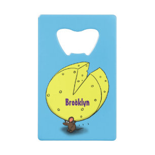Cute mouse with cheese cartoon illustration credit card bottle opener