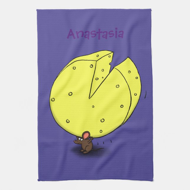 Cute mouse with cheese cartoon illustration kitchen towel (Vertical)