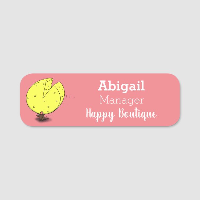 Cute mouse with cheese cartoon illustration  name tag (Front)