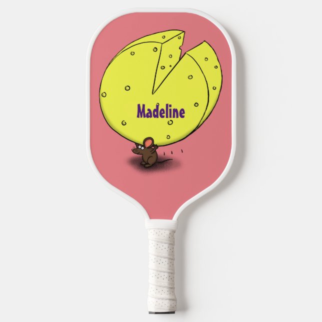 Cute mouse with cheese cartoon illustration pickleball paddle (Front)