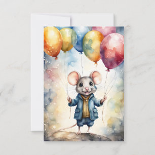 Cute mouse with colourful balloons, custom Birthda Card