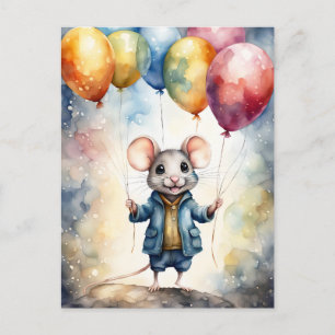 Cute mouse with colourful balloons, custom postcard