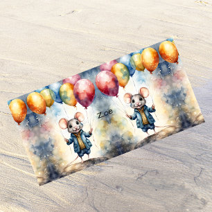 Cute mouse with colourful balloons, personalizable beach towel