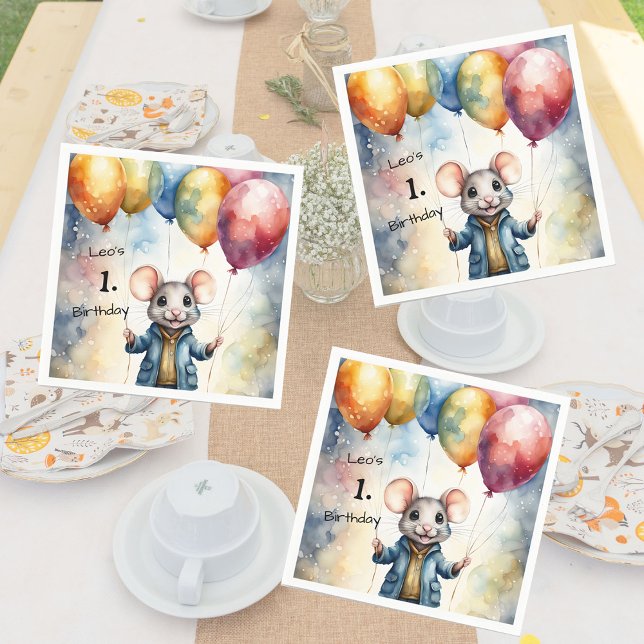 Cute mouse with colourful balloons, personalizable napkin (Creator Uploaded)