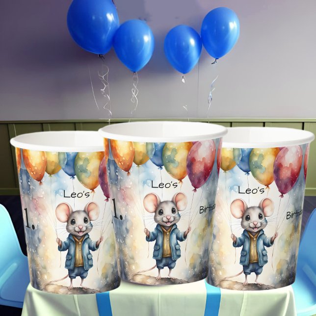 Cute mouse with colourful balloons, personalizable paper cups (Creator Uploaded)