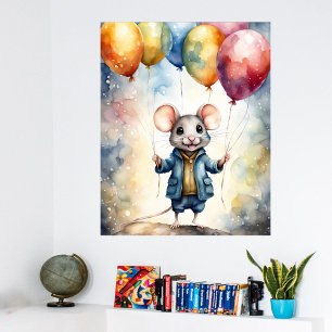 Cute mouse with colourful balloons, poster