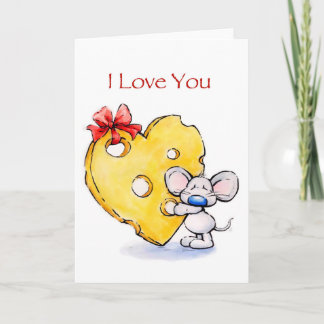 Cute mouse with huge heart cheese , love you card