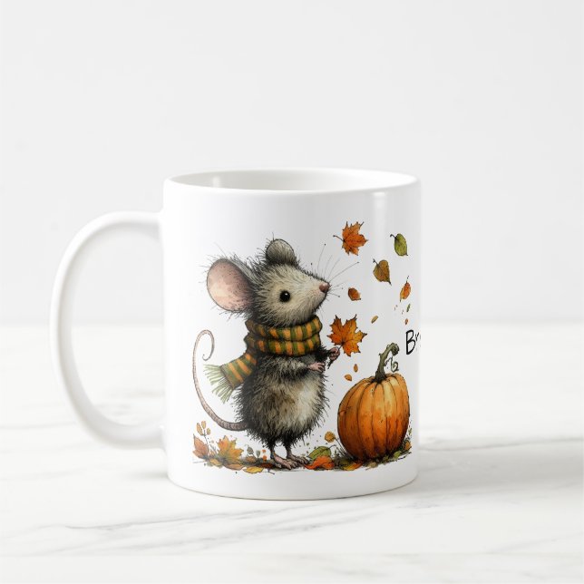 Cute Mouse with Pumpkin and Leaves Fall Aesthetic Coffee Mug (Left)