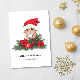 Cute Mouse with Red Hat Xmas Personalized Holiday Card