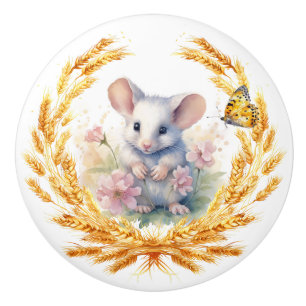Cute Mouse with Wheat Ceramic Drawer Pull Knob
