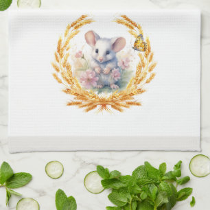 Cute Mouse with Wheat Kitchen Towel White & Grey