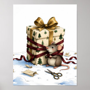 Cute Mouse Wrapped in Christmas Gift Poster