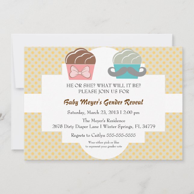 Cute Moustache & Bow Cupcake Gender Reveal Invite (Front)