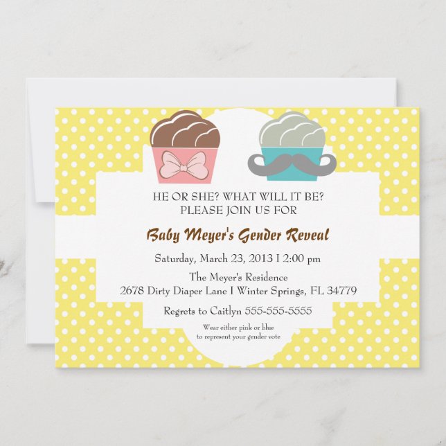 Cute Moustache & Bow Cupcake Gender Reveal Invite (Front)