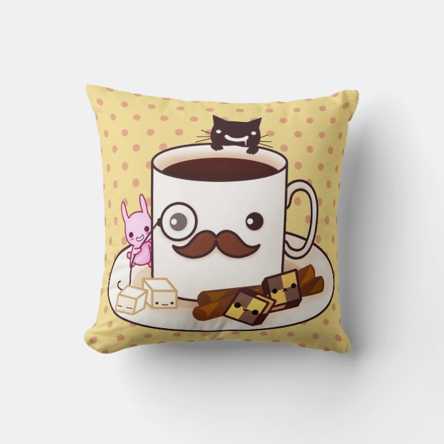 Cute moustache coffee cup with kawaii animals throw pillow (Front)