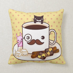 Cute moustache coffee cup with kawaii animals throw pillow