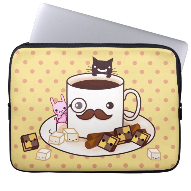 Cute moustache cup with kawaii animals and laptop sleeve (Front)