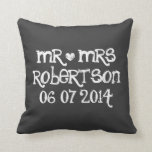 Cute Mr and Mrs chalkboard wedding throw pillows<br><div class="desc">Custom Mr and Mrs black chalkboard wedding throw pillow. Personalized black chalk board pillow cushions for sofa or bed.  Fun design with white heart and name of newly wed couple. Cute home decor personalized for bride and groom / husband and wife. Romantic wedding presents for newlyweds.</div>