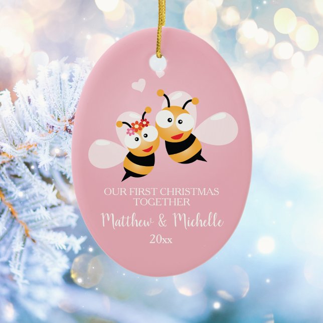 Cute Mr And Mrs Honey Bee First Christmas Together Ceramic Ornament (Creator Uploaded)