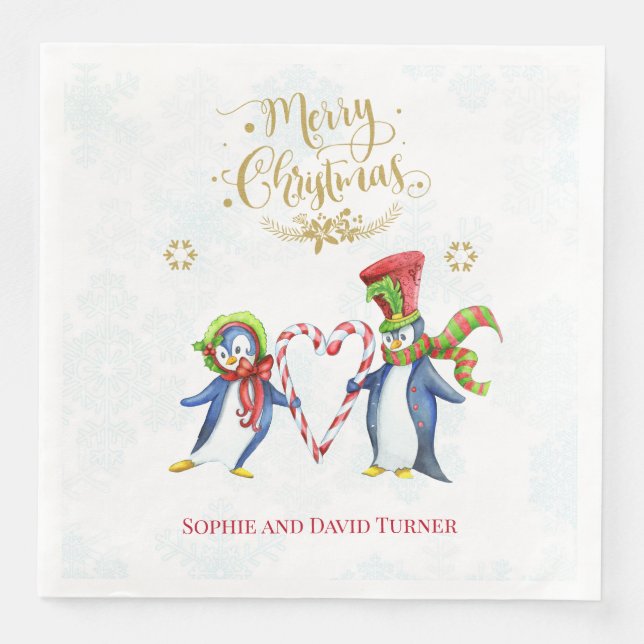 Cute Mr. and Mrs Penguins Merry Christmas Script Napkin (Front)
