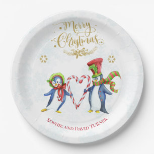 Cute Mr. and Mrs Penguins Merry Christmas Script Paper Plate