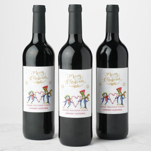 Cute Mr. and Mrs Penguins Merry Christmas Script Wine Label (Bottles)
