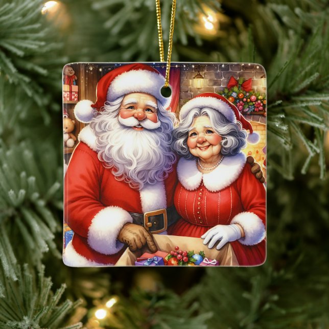 Cute Mr and Mrs Santa Claus Personalized Christmas Ceramic Ornament (Tree)
