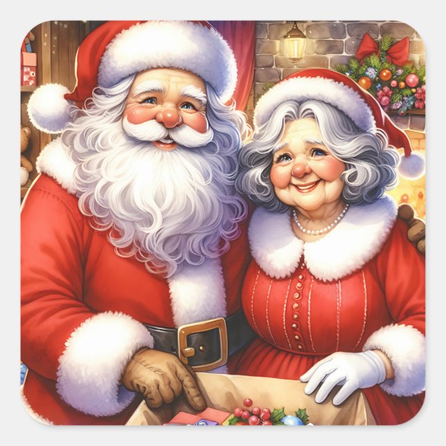 Cute Mr and Mrs Santa Claus Personalized Christmas Square Sticker (Front)