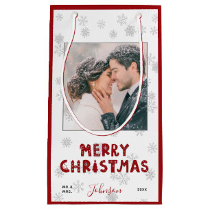 Cute Mr & Mrs Red Typography Snowflake Photo Xmas Small Gift Bag