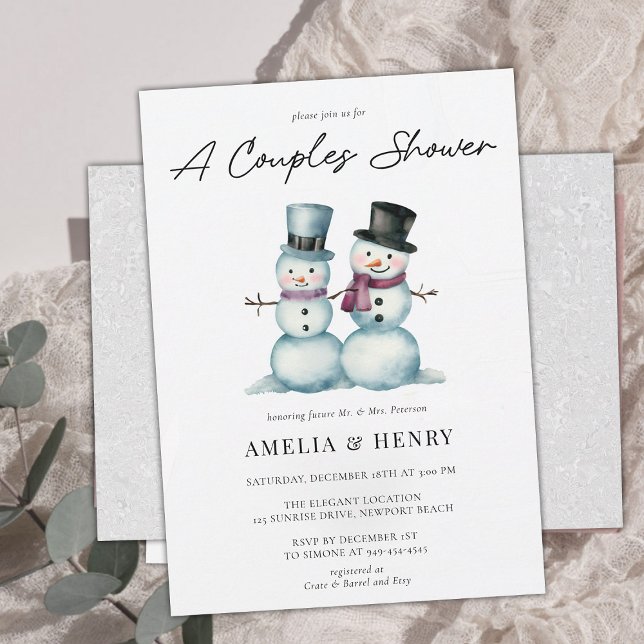Cute Mr Mrs Snowman Funny Winter Bridal Shower Invitation (funny couples shower wedding snowman winter cute humor watercolor elegant classy chic his hers coed)