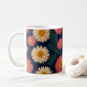 Cute Mug with Daisy Pattern on a deep blue 