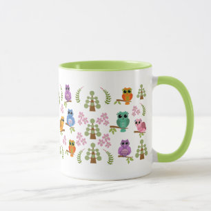 Cute mug with Owls, trees, flowers & leaves