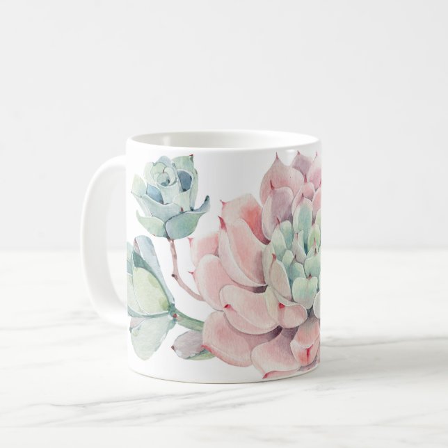 Cute mug with pink green succulents and name (Front Left)