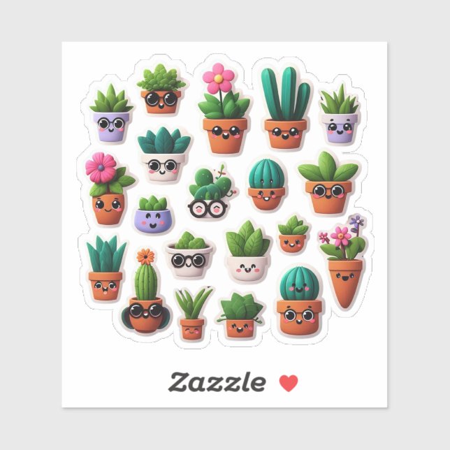 Cute Multi-Colour Kawaii Potted Plant Sticker Set (Sheet)