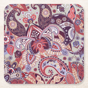 Cute Multi-Colour Paisley Floral Pattern Square Paper Coaster