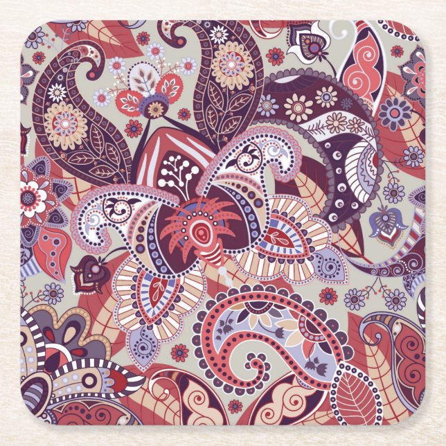 Cute Multi-Colour Paisley Floral Pattern Square Paper Coaster (Front)