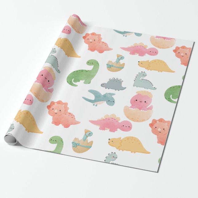Cute multi-coloured dino dinosaurs for children wr wrapping paper (Unrolled)